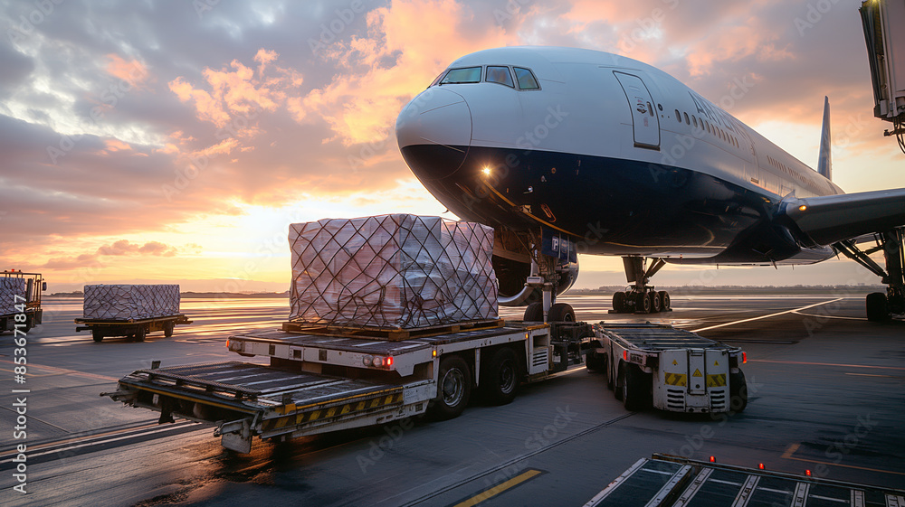 Cargo Loading at Sunset with a Commercial Airplane on the Airport Tarmac Cargo Loading at Sunset with a Commercial Airplane on the Airport Tarmac