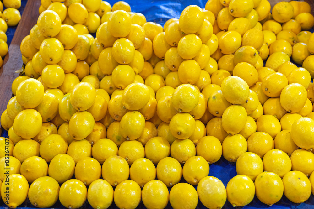 Bunch of Yellow Lemons Citrus Fruits at Farmers Market