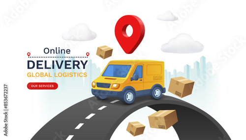 Online Delivery global logistics on mobile, delivery within the city. Vector illustration