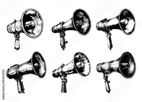 Megaphone black ink sketch vector set. Loudspeaker agitation conversational speaker signal amplifier demonstration crowd marketing symbol device, illustration isolated on white background