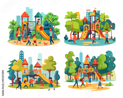 Park kids playground cartoon vector scenes. Childrens girls boys trees grass flowers mom dad city playing walking characters outdoor square recreation, isolated illustration on white background