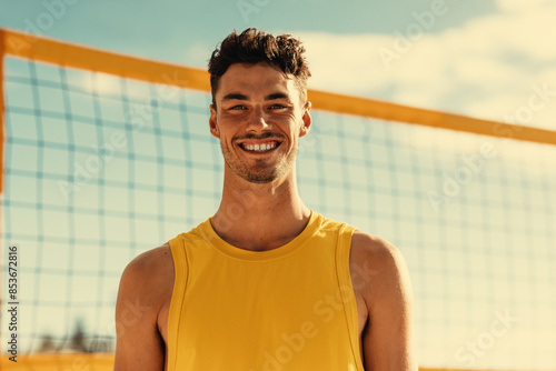 Australian male athlete smiling at camera during beach volleyball match on coastal summer games photo