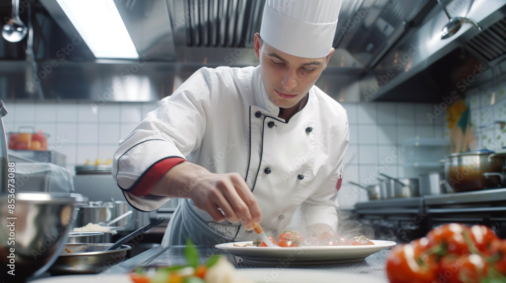 Chef cooks and presents a dish in the kitchen of a luxury restaurant Chef cooks and presents a dish in the kitchen of a luxury restaurant