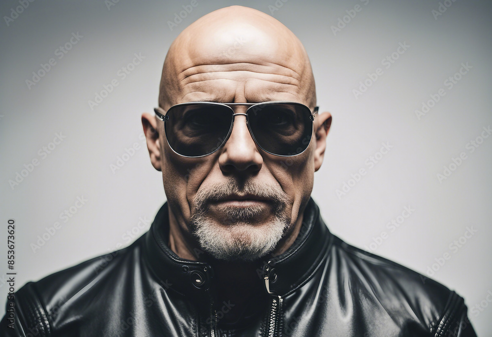 portrait of an bald American biker man, isolated white background portrait of an bald American biker man, isolated white background