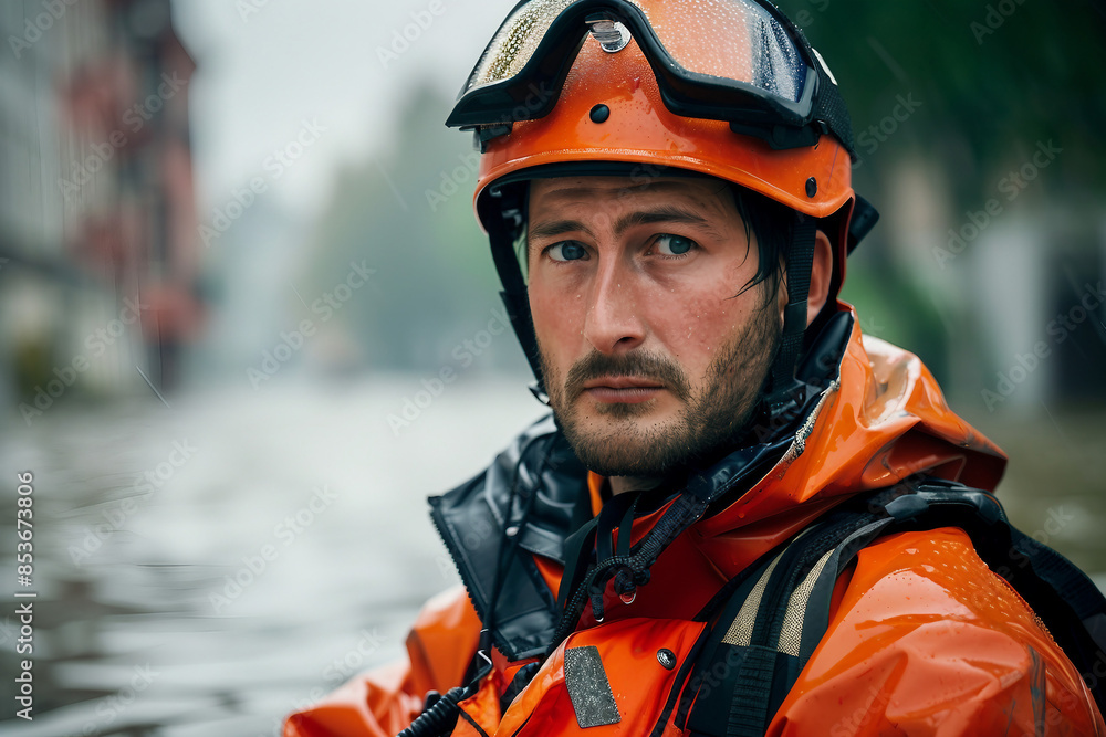 AI generated picture of person in flooded city street AI generated picture of person in flooded city street