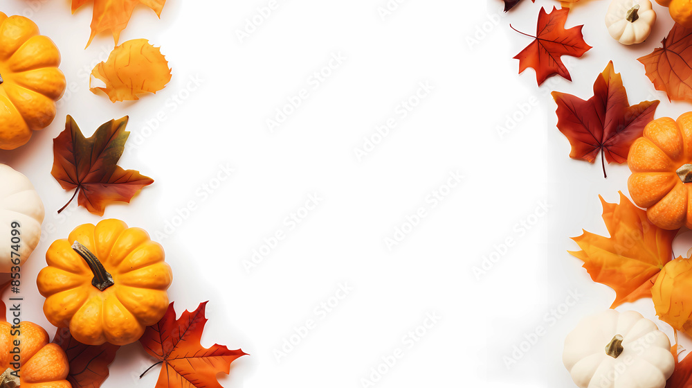 Fall background with orange pumpkins and fall leaves on a light surface Fall background with orange pumpkins and fall leaves on a light surface