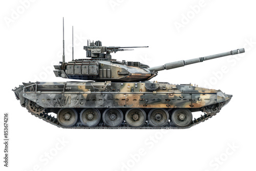 Принти на полотні High-resolution image of a modern military tank in camouflage, isolated on a white background, showcasing detailed design and armament