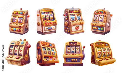 Slot machine cartoon vector set. Arcade fruit jackpot seven casino win luck trophy fortune prize, illustration isolated on white background