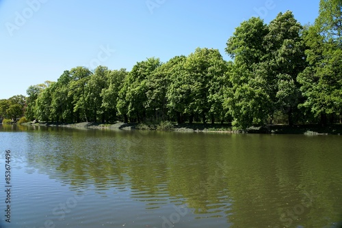 Lakeside shore in baths park in European Warsaw city in Poland