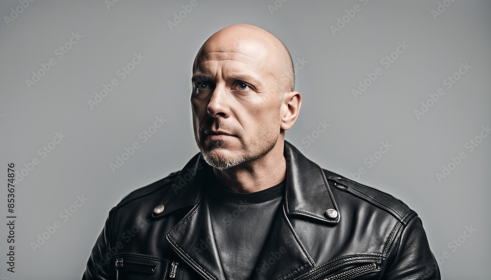 portrait of an bald American biker man, isolated white background portrait of an bald American biker man, isolated white background