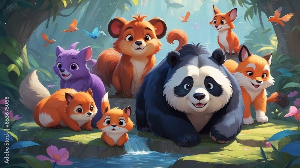 Playful Panda and Fox Friends in a Lush Forest Playful Panda and Fox Friends in a Lush Forest