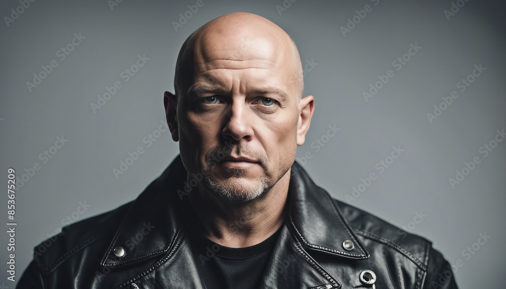 portrait of an bald American biker man, isolated white background portrait of an bald American biker man, isolated white background