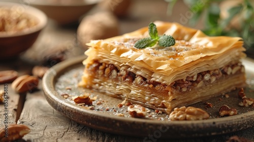 Delicious baklava dessert topped with nuts and syrup on a rustic plate with herbal garnish
