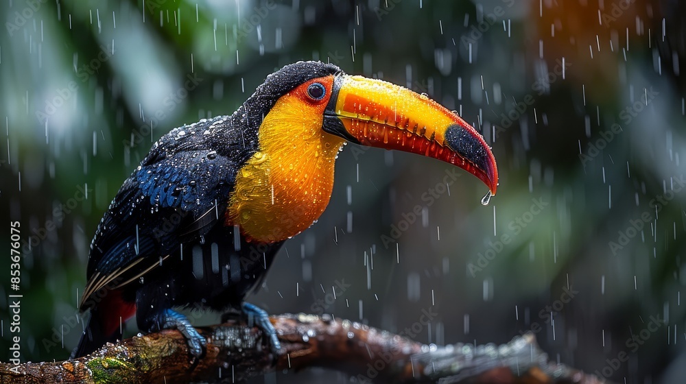 Obraz premium A vibrant toucan sits on a wet branch as raindrops add a dynamic feel to the wildlife scene