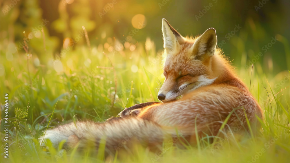 Obraz premium A fox lying in a grassy meadow, its fur illuminated by the golden light of the setting sun, creating a warm and peaceful scene.