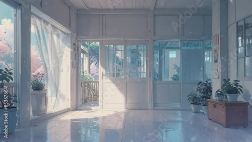 Anime-style Video of a bright room with white walls and tiled floor. There are potted plants in front of the windows and a door leading to a balcony. photo