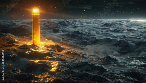 Distant Lighthouse Illuminating a Stormy Night Over Rough Seas with Dark Clouds and Crashing Waves Creating a Dramatic and Serene Coastal Scene photo