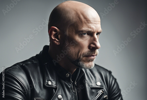 portrait of an bald American biker man, isolated white background