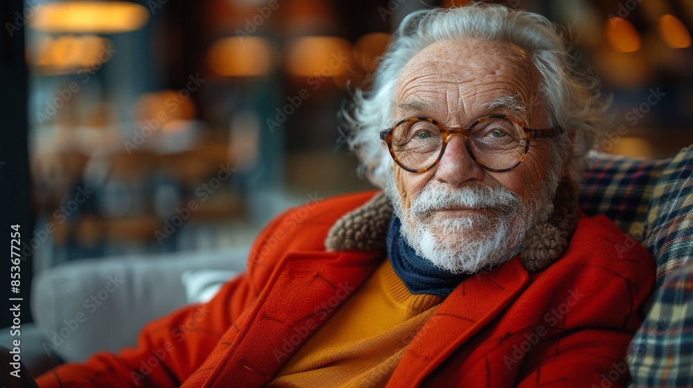 Elderly man with white beard, glasses, and red jacket, relaxed and stylish Elderly man with white beard, glasses, and red jacket, relaxed and stylish