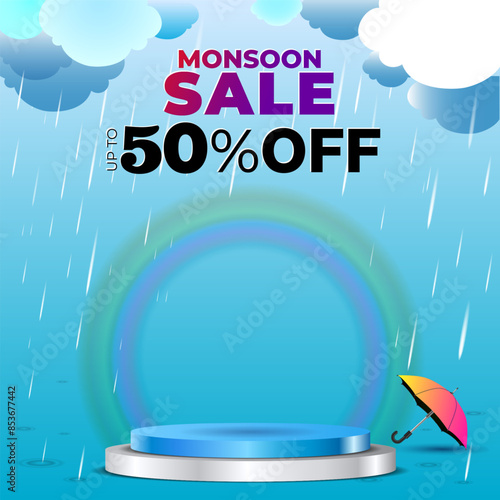 Background of Rainy season with sky clouds rainbow umbrella and podium for product display. Monsoon Sale. 50% off offer deal discount.