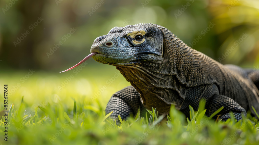 A large monitor lizard basking in the sunlight on a grassy lawn, its tongue flicking out as it senses its surroundings, displaying its rugged and textured scales.
A large monitor lizard basking in the sunlight on a grassy lawn, its tongue flicking out as it senses its surroundings, displaying its rugged and textured scales.