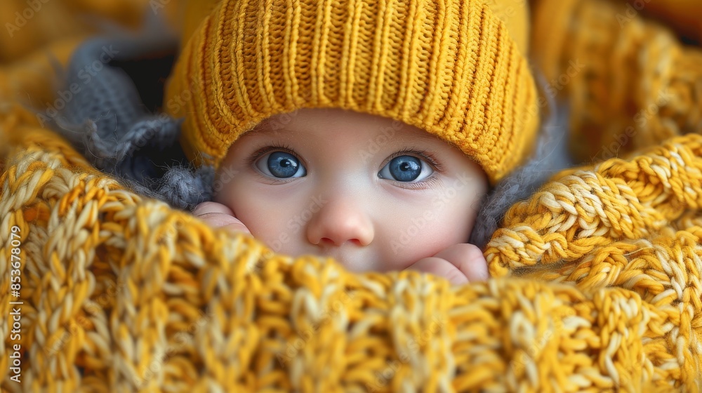 Close-up of a baby's bright blue eyes peeking from under a yellow knitted hat Close-up of a baby's bright blue eyes peeking from under a yellow knitted hat
