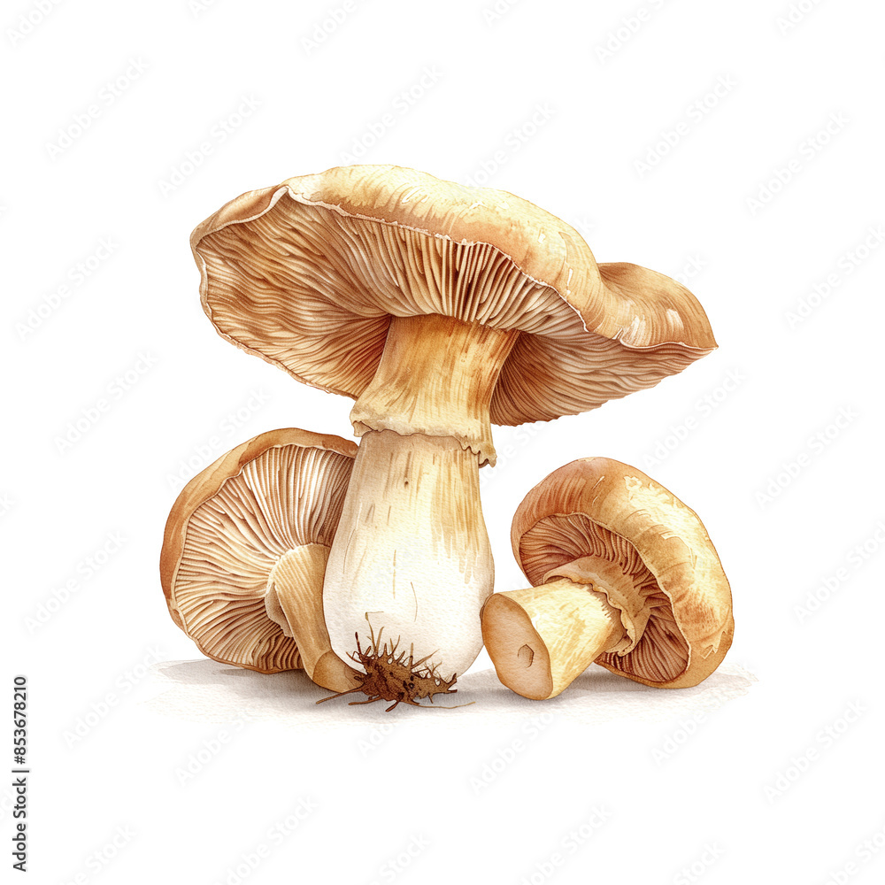Fototapeta premium Watercolor illustration of king oyster mushroom on white background 