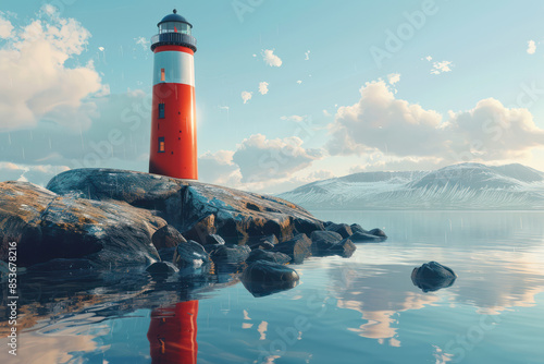 Stunning Scenic View of Red Lighthouse by Rocky Shore with Snow Covered Mountains and Cloudy Sky Reflected in Tranquil Waters photo