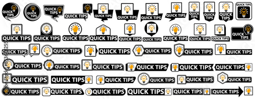 set collections quick tips lightbulb icon labels. helpful hint trick badge emblem template vector illustration