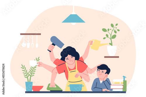 Multitasking woman. Housewife mother with many hands does different deals simultaneously, cooking supporting ironing. Time management recent vector scene