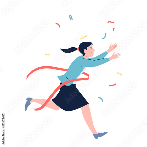 Business woman crossing finish line. Red victory ribbon, leadership and achievement. Female success winner, self competition victory recent vector character