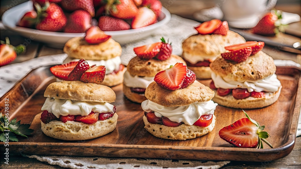 A plate of strawberry shortcakes topped with whipped cream. A plate of strawberry shortcakes topped with whipped cream.