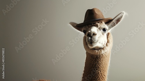 Portrait of a llama wearing a brown hat. The llama is looking at the camera with a curious expression. The background is a light gray.