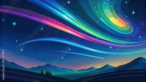 A vibrant illustration of an aurora borealis over a mountainous landscape.