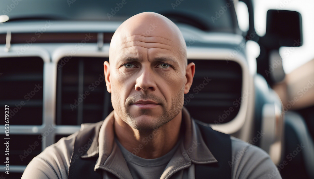 portrait of an bald American biker man, isolated white background portrait of an bald American biker man, isolated white background