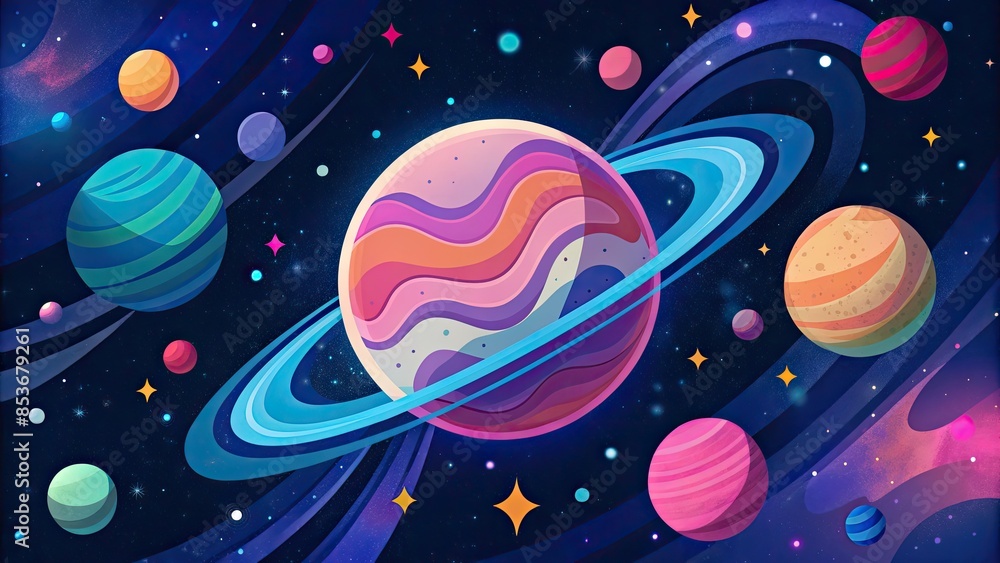An illustration of a colorful planetary system with stars and planets. An illustration of a colorful planetary system with stars and planets.