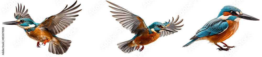 Fototapeta premium Kingfisher bird set PNG. Set of kingfisher birds different views isolated. Kingfisher bird PNG. Beautiful bird with blue and orange feathers isolated. Kingfisher bird in flight with spread wings PNG