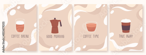 Coffee cards. Americano espresso latte drinks and coffee maker. Cafe shop cafeteria bar flyers. Decorative banners, morning drinks racy vector templates