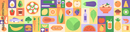 Abstract geometric food in square tiles. Fruits and vegetables. Coffee wine cocktail burger pizza sushi muffin hot dog shrimp noodles racy vector set