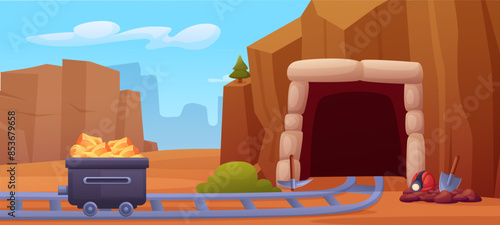 Mining cave. Mine entrance with rails and metal trolley with golden gem stones. Miners tools, shovel pick and helmet with flashlight, nowaday vector landscape