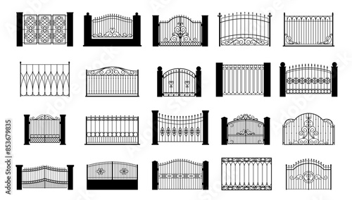 Black ornate fence elements. Isolated decorative fences gates. Ornamental railings for garden terrace or home balcony. Outdoor architecture vector set
