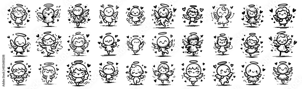 detailed cute angels and hearts line art set detailed cute angels and hearts line art set