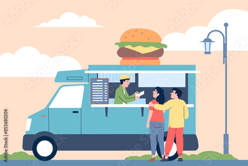 Street food. Couple walking and buy burger in mobile cafe or van. Seasonal festival, tourism or travel. Urban lunch or dinner, recent vector scene