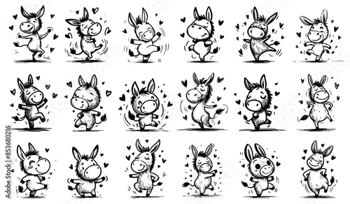 collection of cute donkeys with hearts drawings
