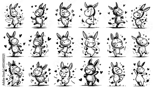 set of small smiling donkey illustrations with hearts