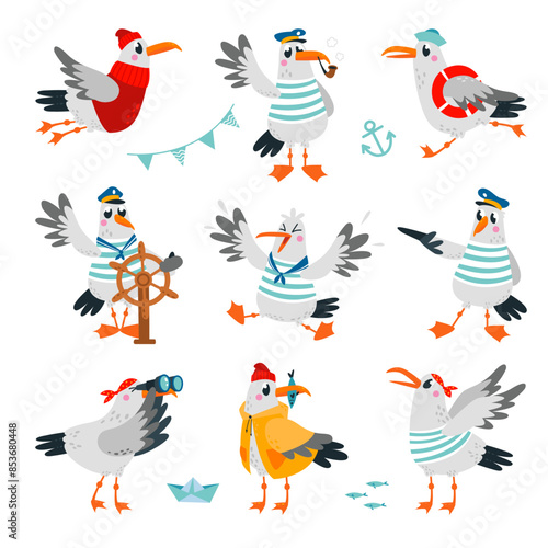 Sailor seagull. Cute seagulls captain and pirates, wear striped shirts and hats. Marine birds funny characters, sea adventures gulls classy vector set