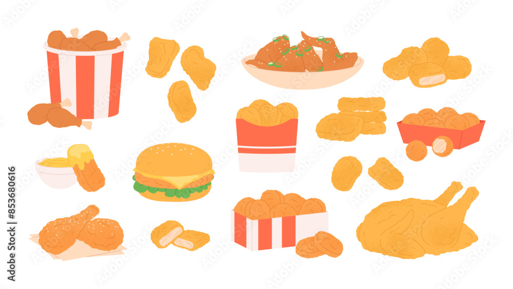 Cartoon chicken nuggets. Tasty wings legs stripes and fried crispy balls packing for eat to go. Burger and meat bucket, fast food racy vector clipart Cartoon chicken nuggets. Tasty wings legs stripes and fried crispy balls packing for eat to go. Burger and meat bucket, fast food racy vector clipart