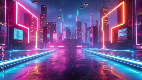 Neon-Lit Cyberpunk Cityscape with Futuristic Architecture and Hovering Drones photo