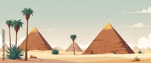 Desert landscape with pyramids and palm trees Cute illustration. photo