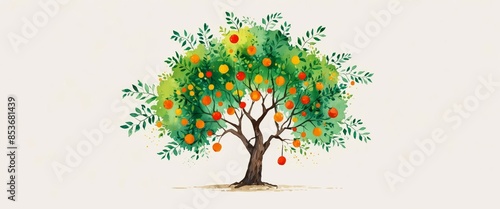 Watercolor image of a tree with various fruits for tu bishvat celebration.